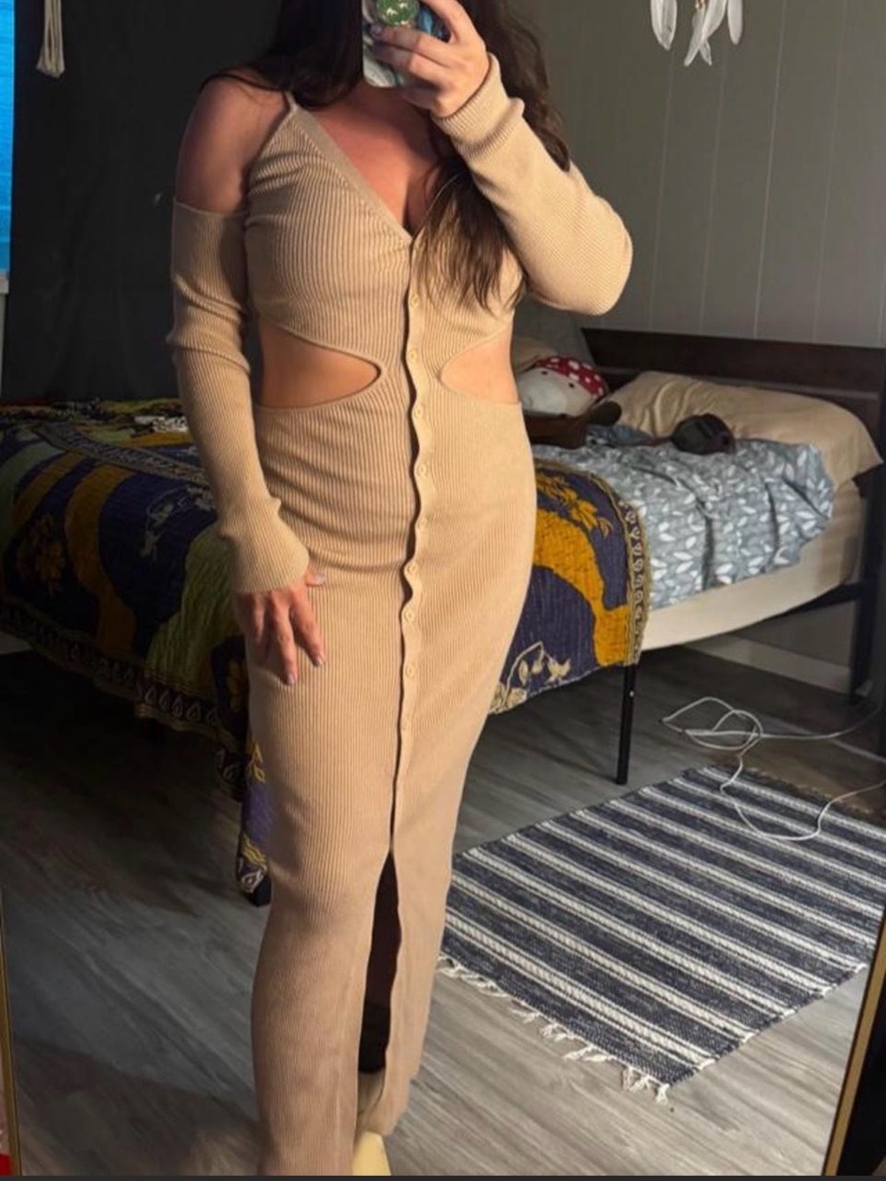 Hawaiian Mahina Ribbed Cutout Maxi Dress in Beige
